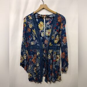 Angie Floral Babydoll Kimono Women's S Blue Artsy Boho Retro Cottagecore Peasant